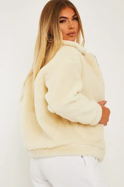 Rebellious Fashion Cream Collar Zip Front Borg Teddy Jacket - Kaleah