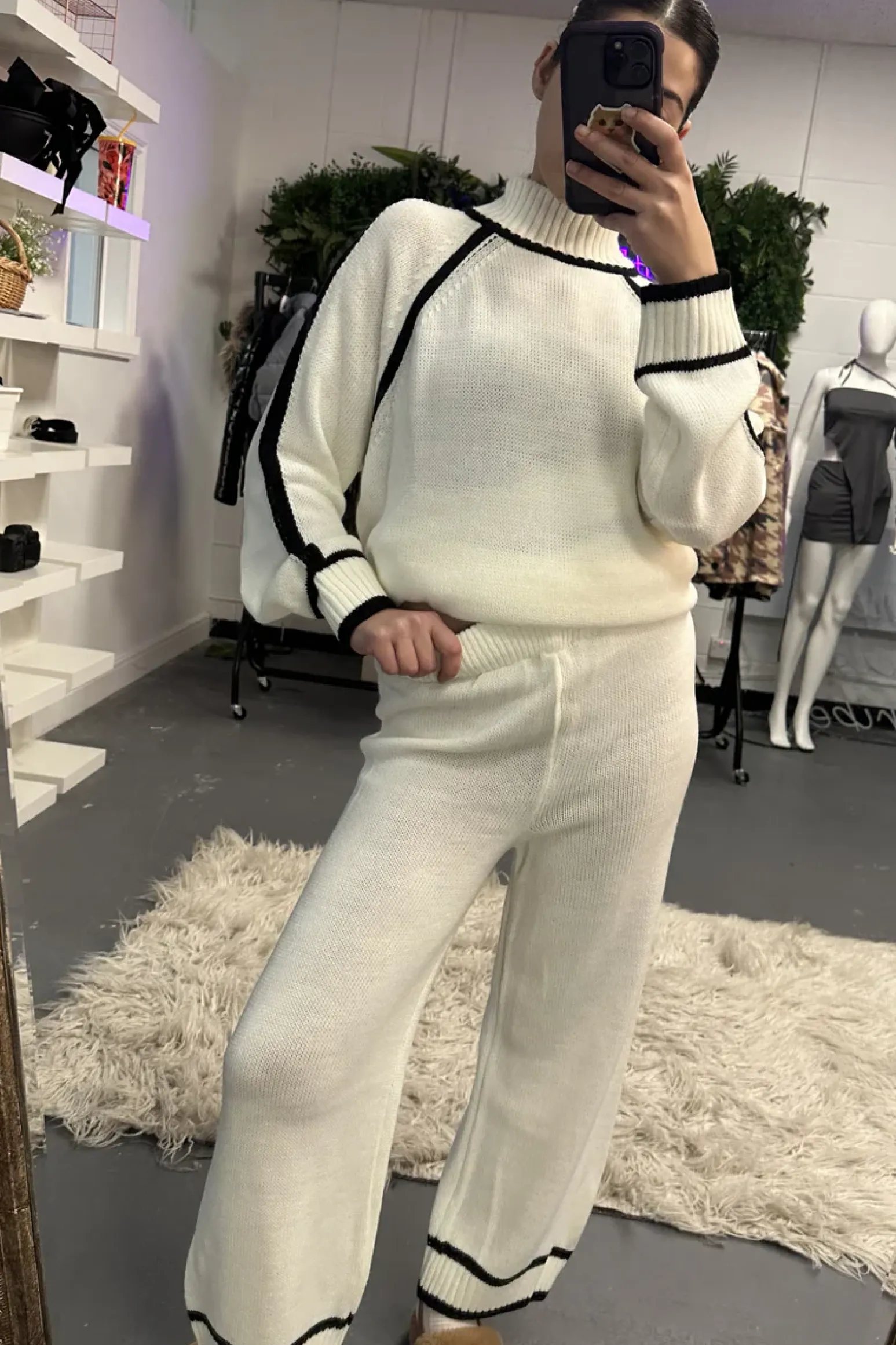Rebellious Fashion Cream Contrast Stitch knitted Co-ord Set - Lennon