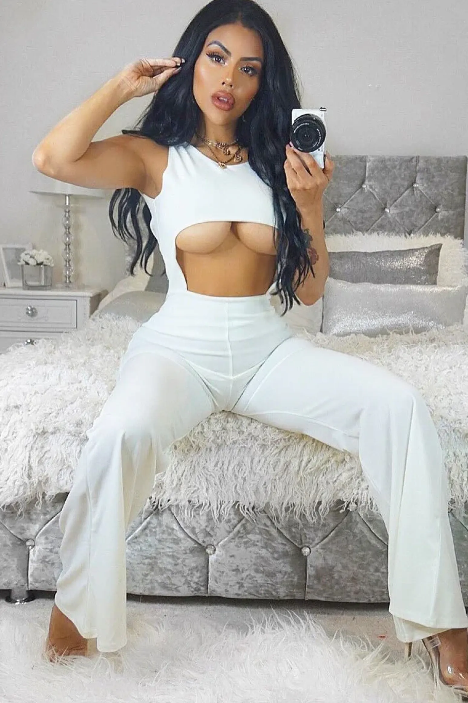 Rebellious Fashion Cream Cut Out Middle Jumpsuit - Dixi