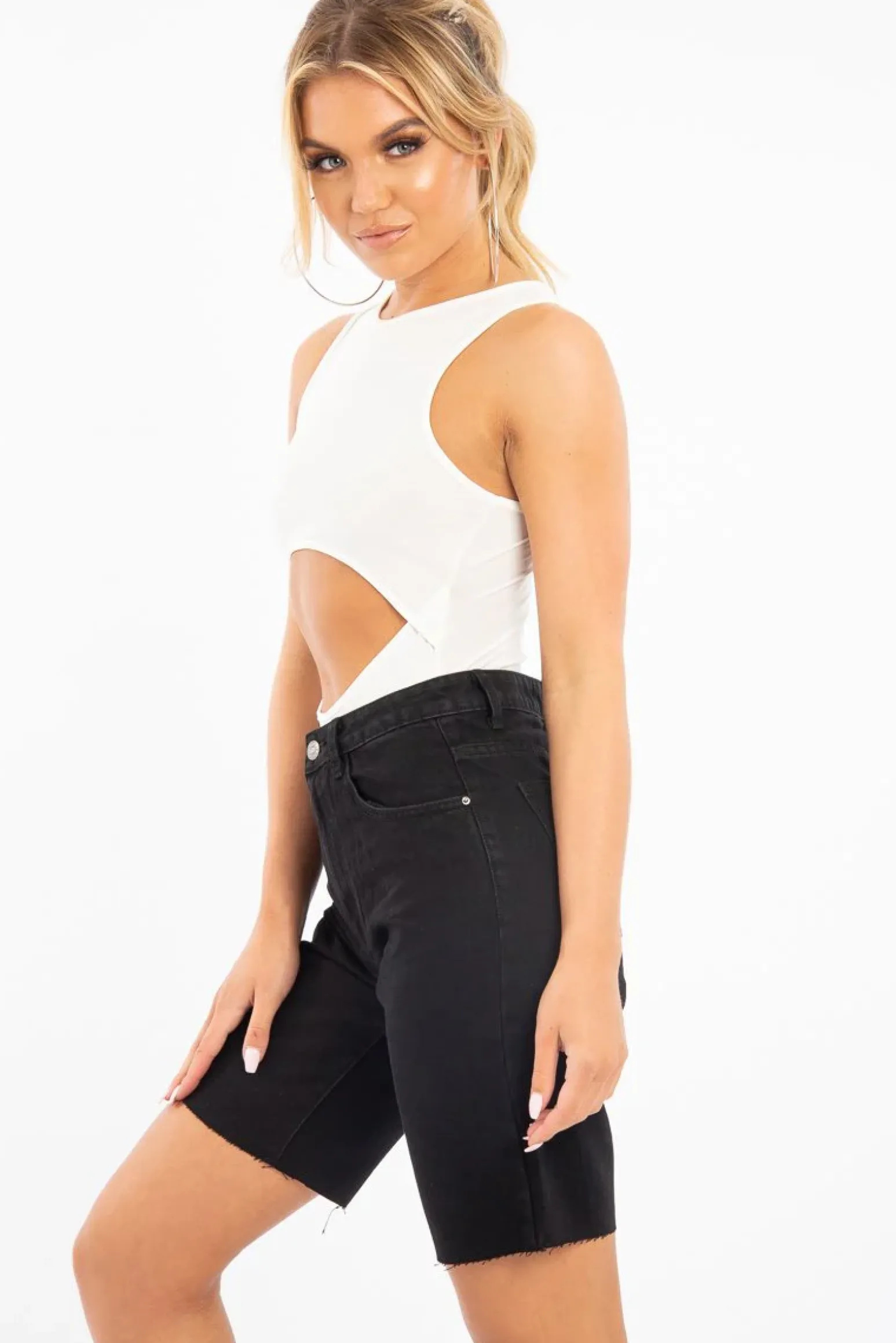 Rebellious Fashion Cream Cut Out Racer Neck Sleeveless Bodysuit - Kourtney