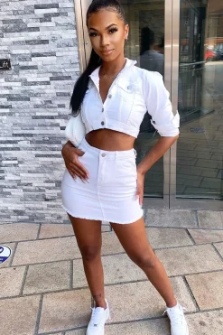 Rebellious Fashion Cream Denim Jacket and Skirt Co-ord - Kaiden
