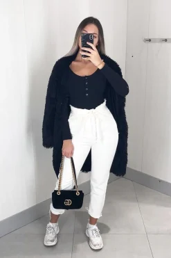 Rebellious Fashion Cream Denim Tie Waist Paperbag Jeans - Lylee