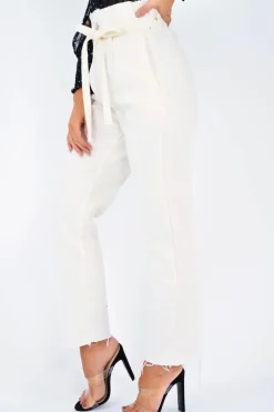 Rebellious Fashion Cream Denim Tie Waist Paperbag Jeans - Lylee