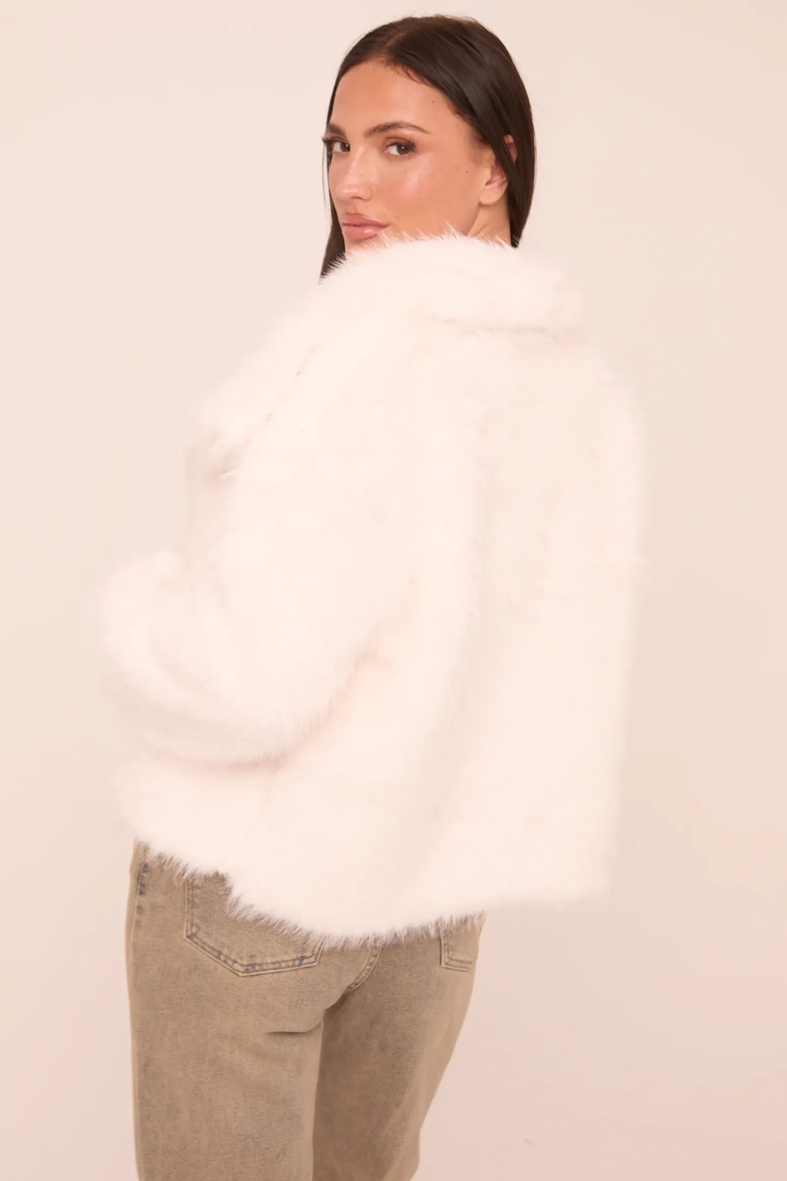 Rebellious Fashion Cream Faux Fur Waterfall Long Sleeves Cropped Jacket - Avery