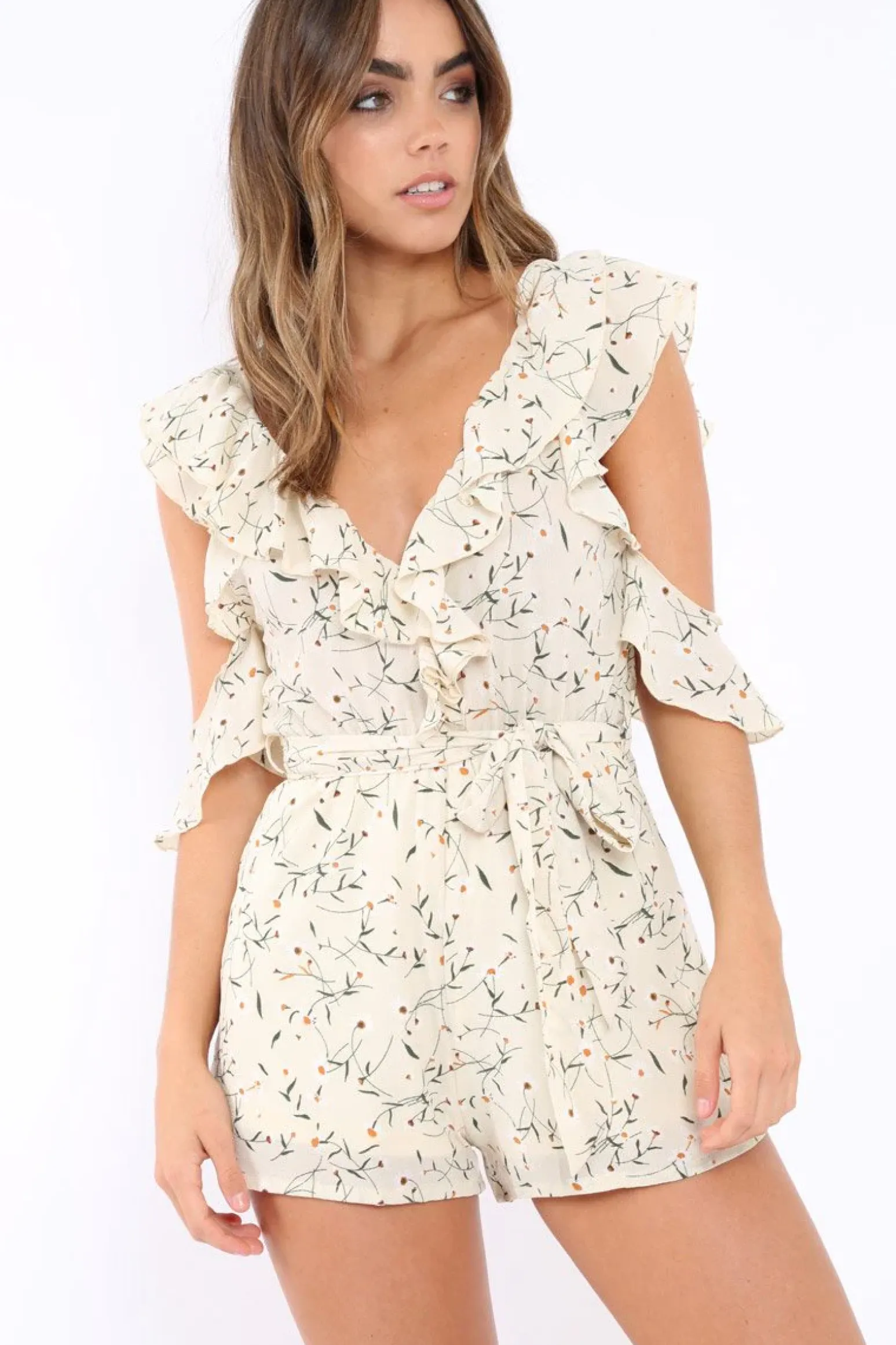 Rebellious Fashion Cream Floral Cold Shoulder Playsuit - Arlene