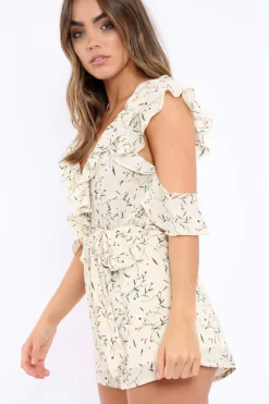 Rebellious Fashion Cream Floral Cold Shoulder Playsuit - Arlene