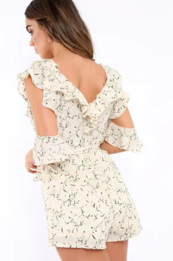 Rebellious Fashion Cream Floral Cold Shoulder Playsuit - Arlene