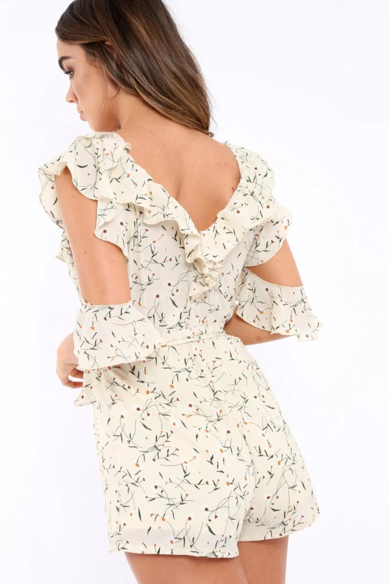Rebellious Fashion Cream Floral Cold Shoulder Playsuit - Arlene