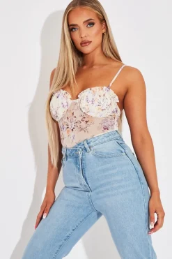 Rebellious Fashion Cream Floral Corset Detail Bodysuit - Clarah