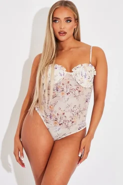 Rebellious Fashion Cream Floral Corset Detail Bodysuit - Clarah