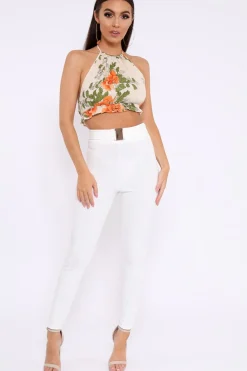 Rebellious Fashion Cream Floral Halterneck Backless Crop Top - Aarin