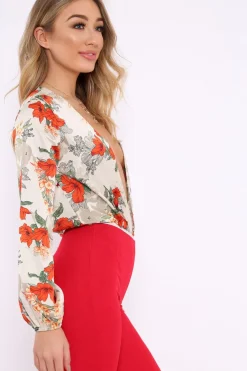 Rebellious Fashion Cream Floral Long Sleeve Plunge Bodysuit - Nicole