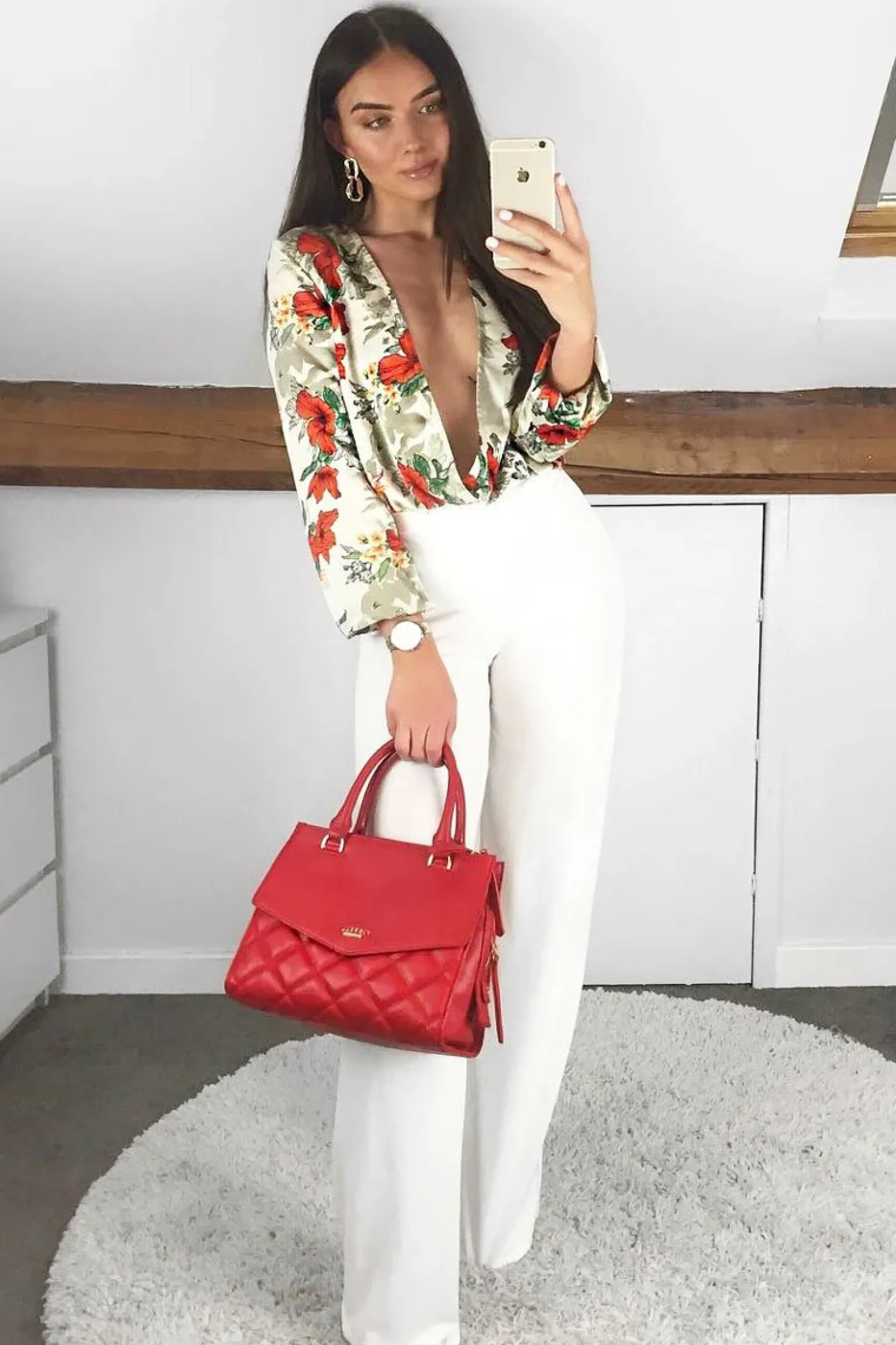 Rebellious Fashion Cream Floral Long Sleeve Plunge Bodysuit - Nicole