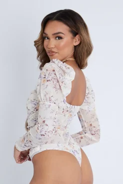 Rebellious Fashion Cream Floral Puff Sleeve Bodysuit - Deana