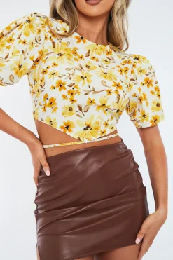 Rebellious Fashion Cream Floral Puff Sleeve Cut Out Crop Top - Perla