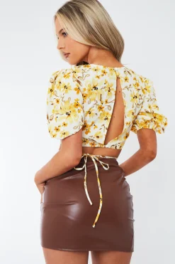 Rebellious Fashion Cream Floral Puff Sleeve Cut Out Crop Top - Perla