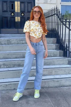 Rebellious Fashion Cream Floral Puff Sleeve Cut Out Crop Top - Perla