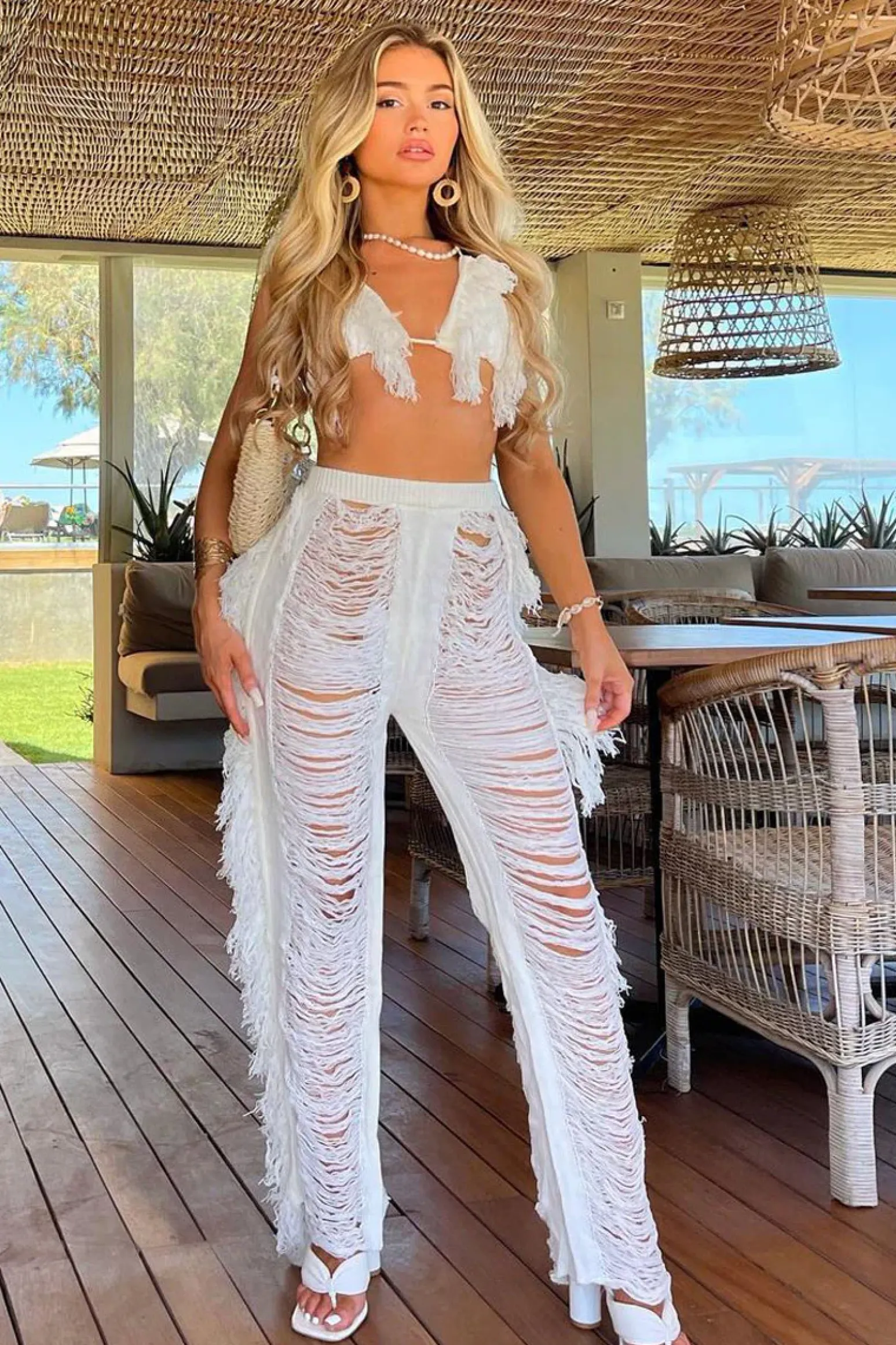 Rebellious Fashion Cream Frayed Knit Bralette & Trouser Set - Scarlett