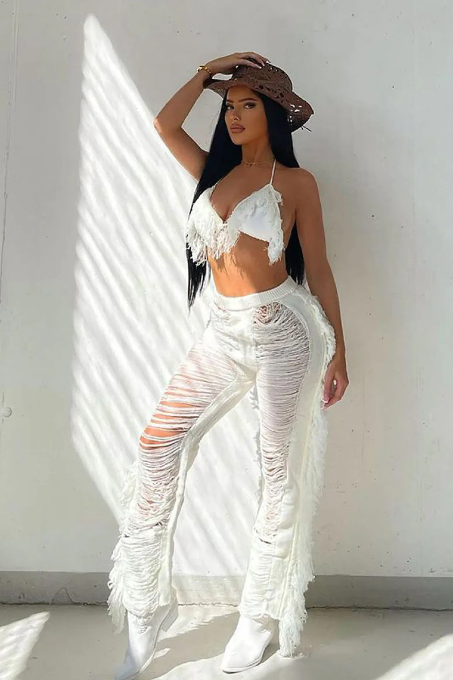 Rebellious Fashion Cream Frayed Knit Bralette & Trouser Set - Scarlett