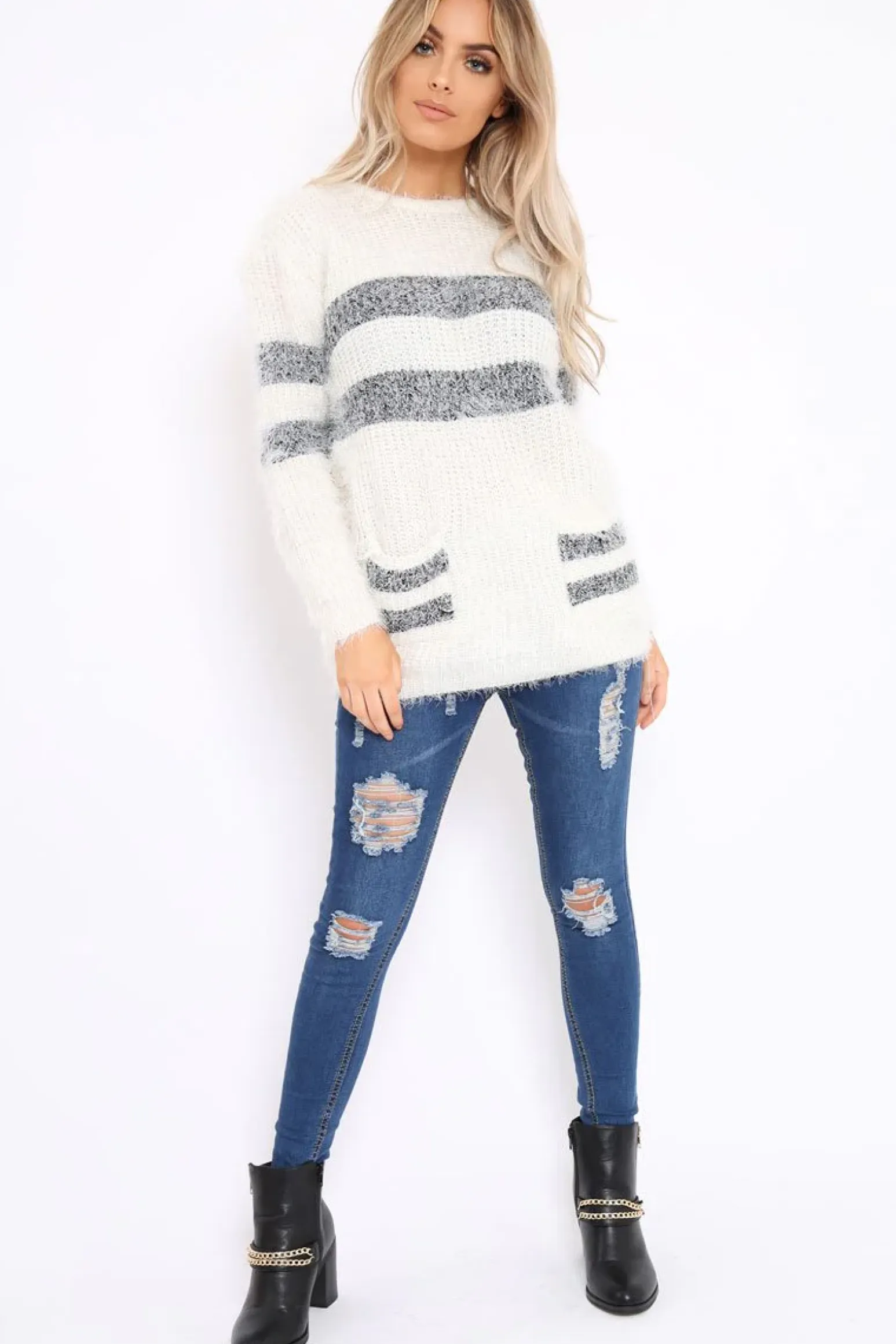 Rebellious Fashion Cream Fur Knit Wide Stripe Jumper Dress - Keeley
