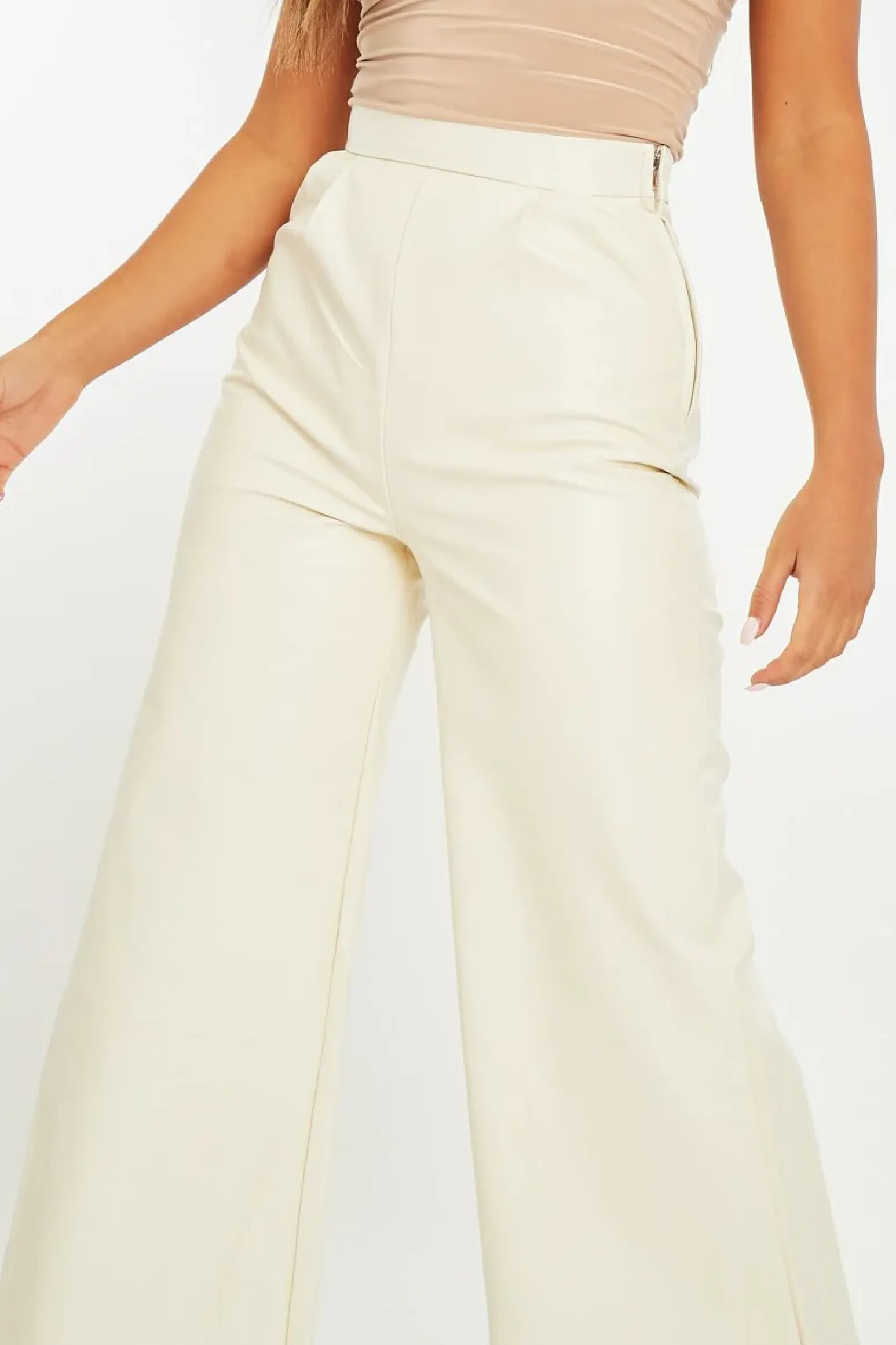 Rebellious Fashion Cream High Waist Wide Leg Faux Leather Trousers - Hanika