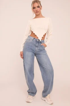 Rebellious Fashion Cream Knit Asymmetric Hem Cropped Jumper - Prima