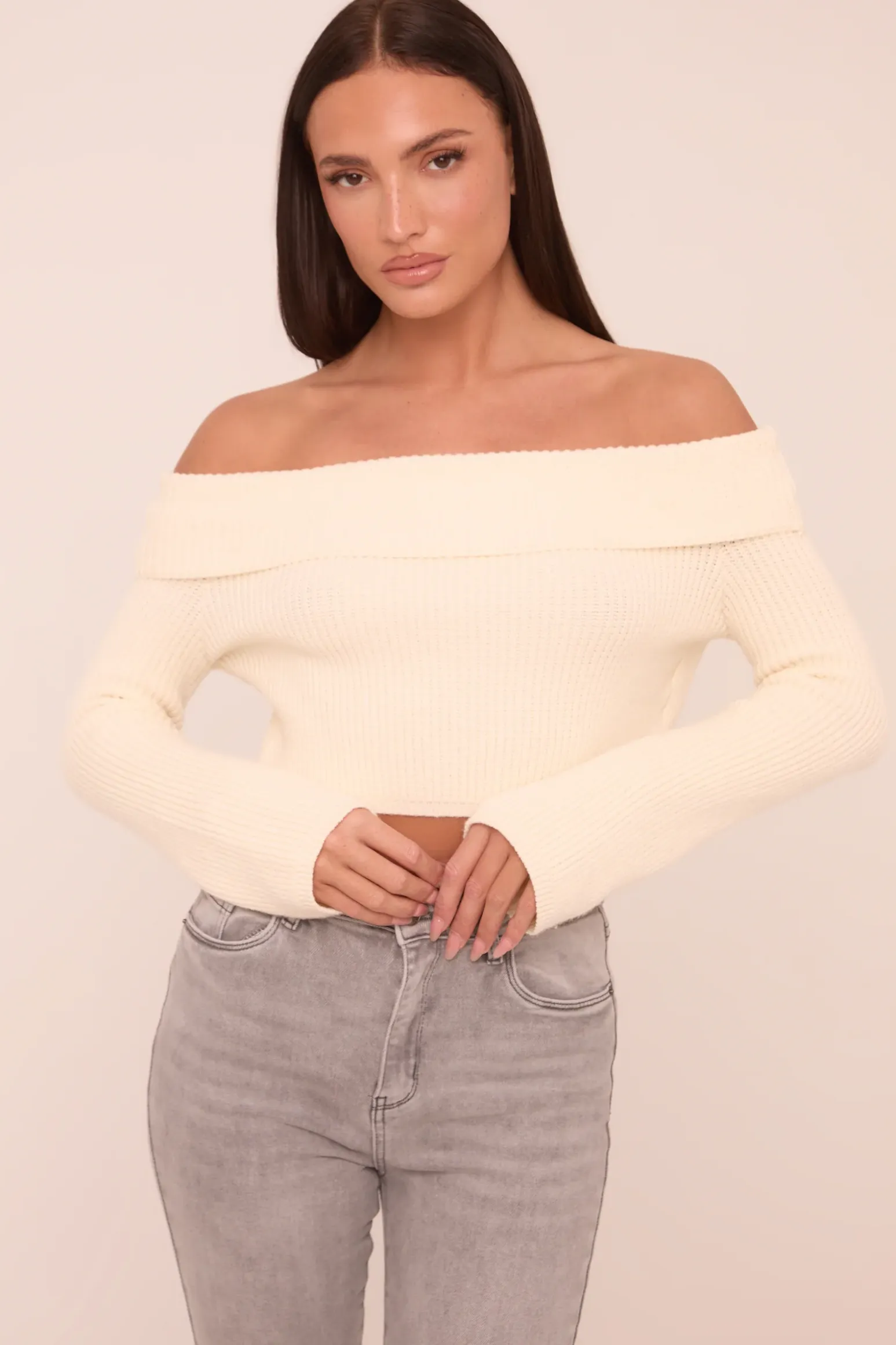 Rebellious Fashion Cream Knit Bardot Long sleeves Cropped Jumper Top - Roberta