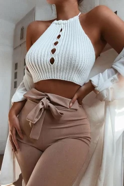 Rebellious Fashion Cream Knit Halterneck Button Crop Top - Penina