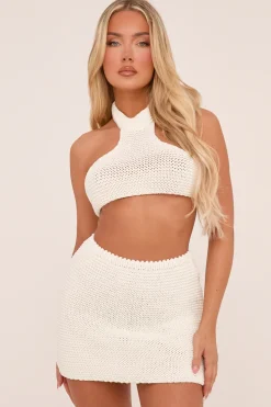 Rebellious Fashion Cream Knit Halter Neck Crop Top & Mini Skirt Co-ord Set - Alma