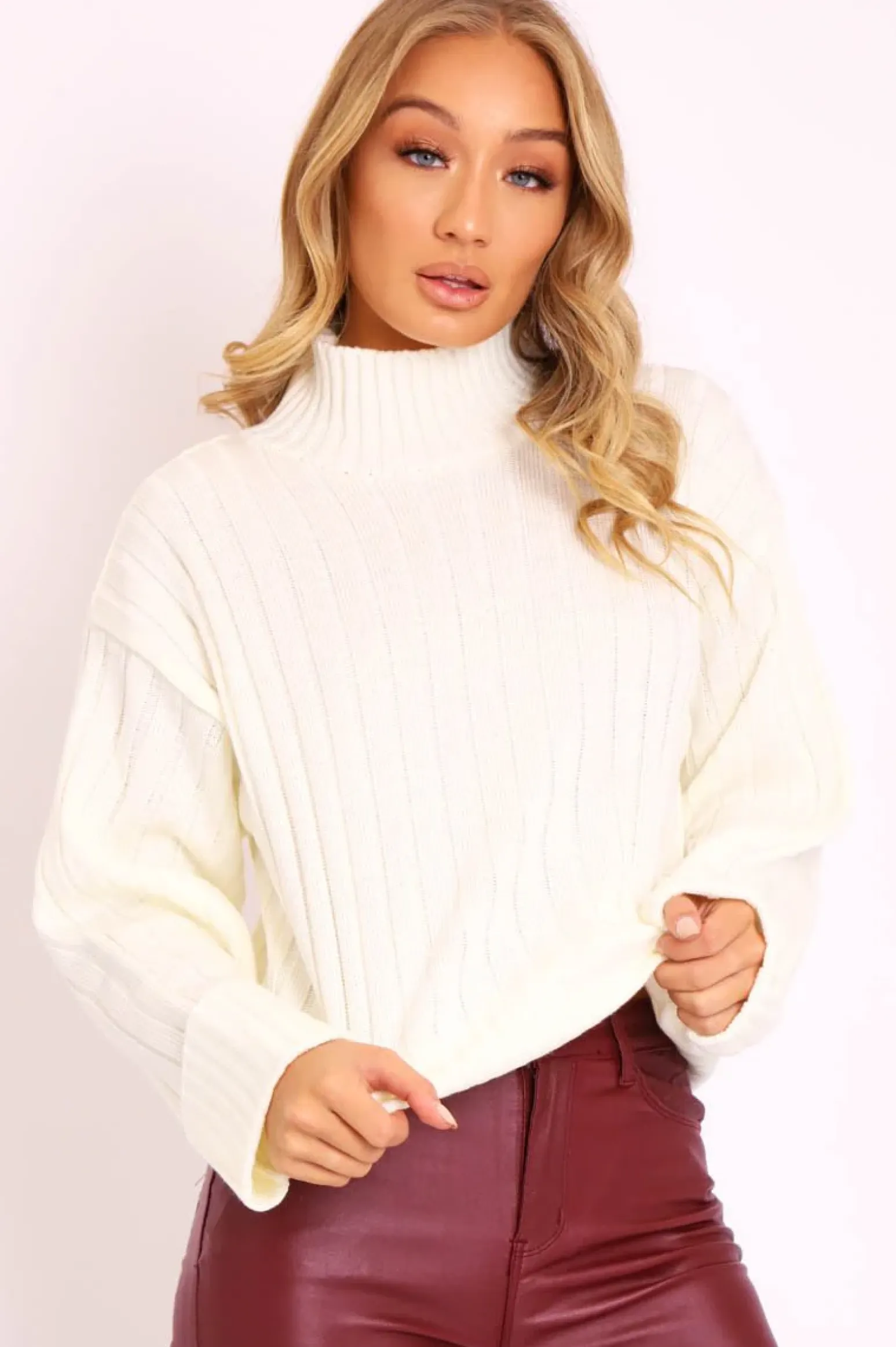 Rebellious Fashion Cream Knit High Neck Jumper - Jaelynn