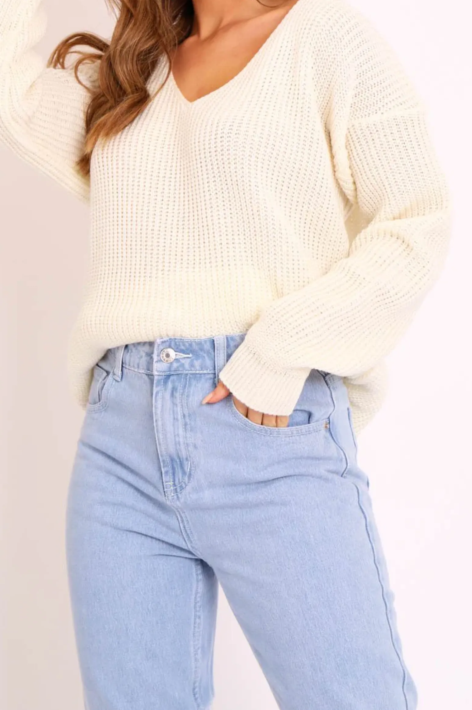 Rebellious Fashion Cream Knit Plunge Neckline Jumper - Roselie