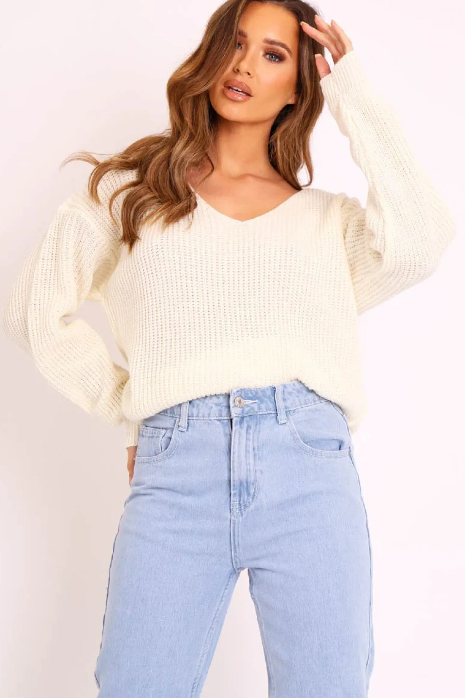 Rebellious Fashion Cream Knit Plunge Neckline Jumper - Roselie