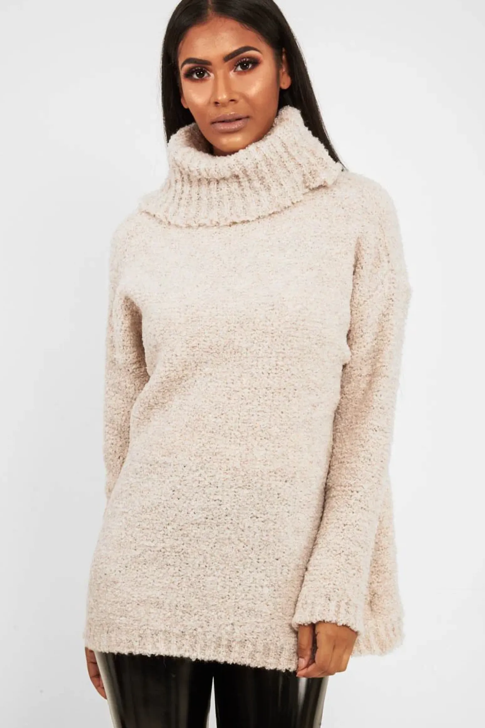 Rebellious Fashion Cream Knitted Borg Oversized Roll Neck Jumper - Ebbie
