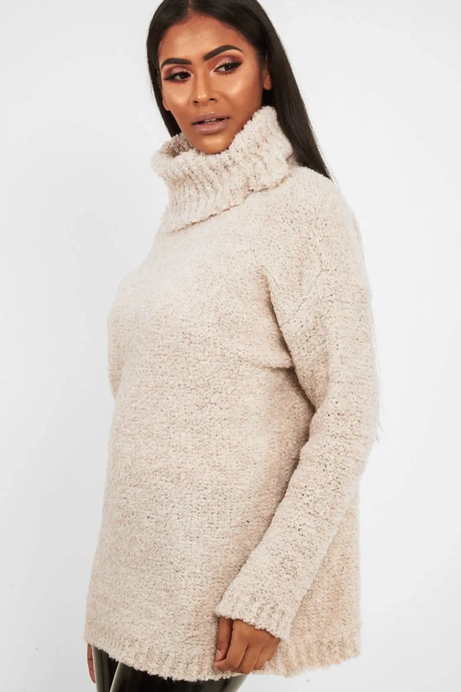 Rebellious Fashion Cream Knitted Borg Oversized Roll Neck Jumper - Ebbie
