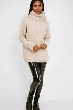 Rebellious Fashion Cream Knitted Borg Oversized Roll Neck Jumper - Ebbie