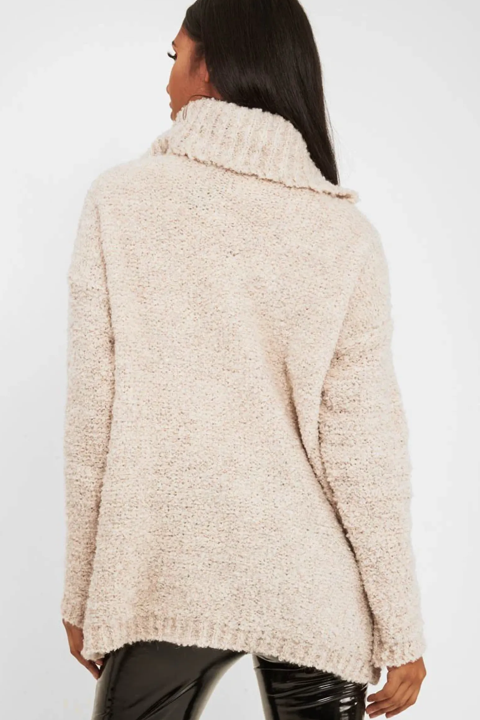 Rebellious Fashion Cream Knitted Borg Oversized Roll Neck Jumper - Ebbie