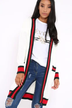 Rebellious Fashion Cream knitted Cardigan with Striped Trim - Ivy