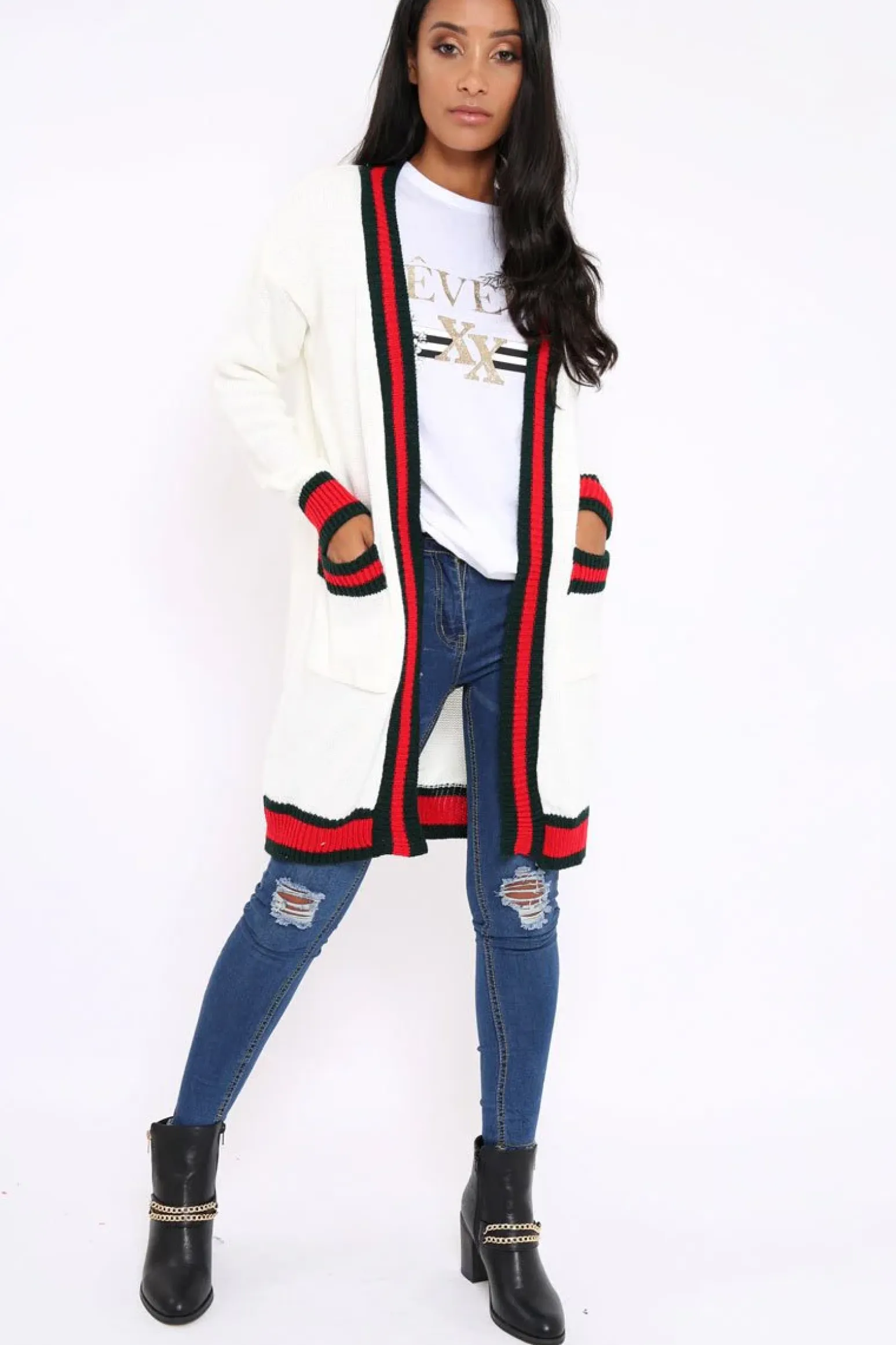 Rebellious Fashion Cream knitted Cardigan with Striped Trim - Ivy