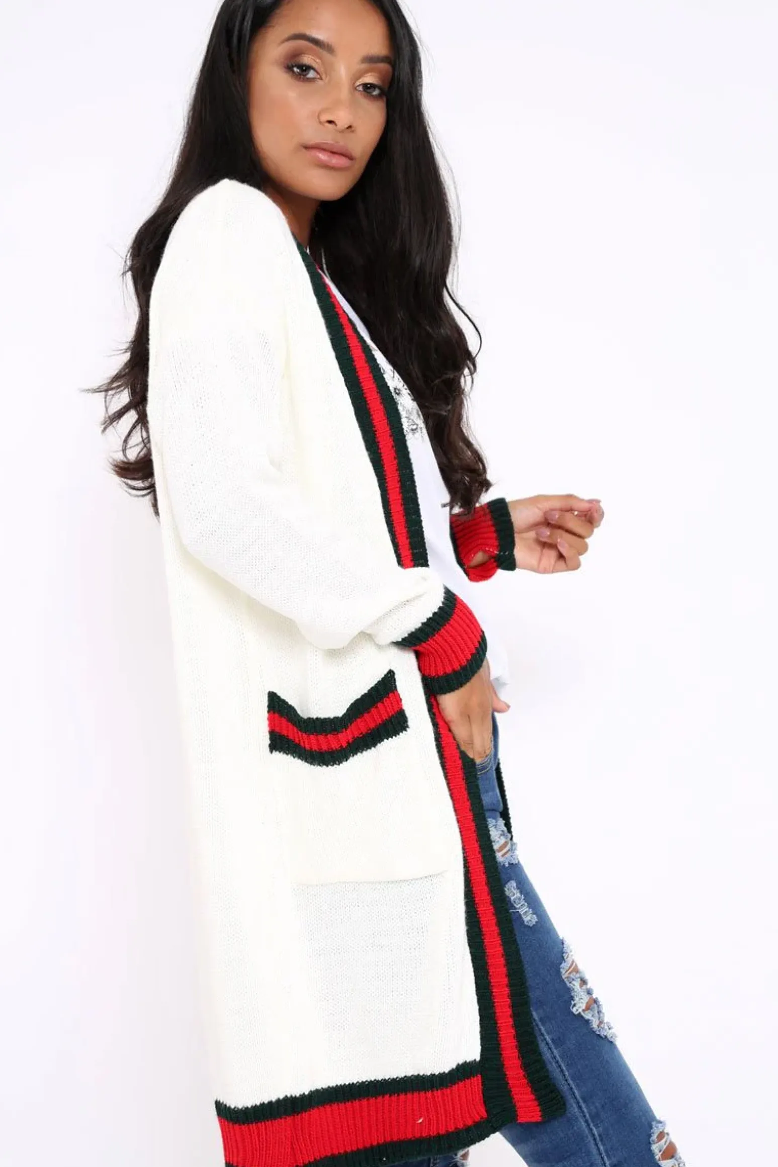 Rebellious Fashion Cream knitted Cardigan with Striped Trim - Ivy