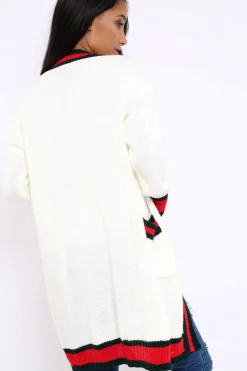 Rebellious Fashion Cream knitted Cardigan with Striped Trim - Ivy