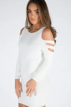 Rebellious Fashion Cream Knitted Cold Shoulder Cut Out Jumper Dress - Sienna