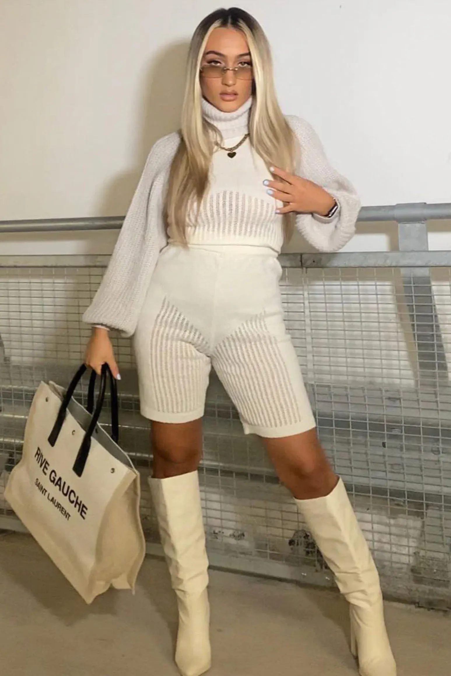 Rebellious Fashion Cream Knitted High Neck Crop Top and Shorts Co-Ord Set - Nora