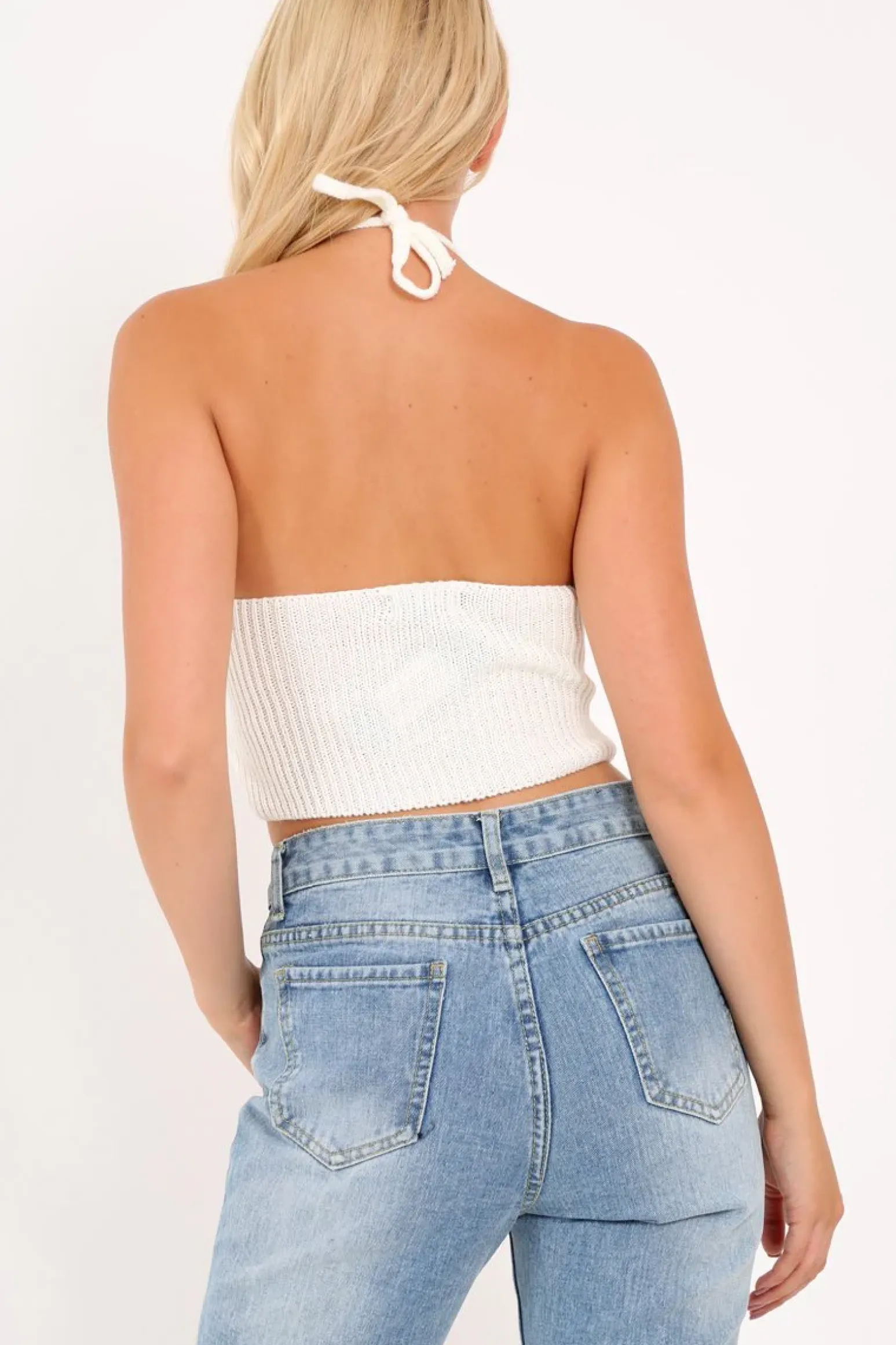 Rebellious Fashion Cream Knitted Knot Halterneck Crop Top - Irelyn