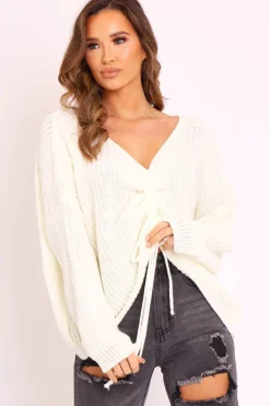 Rebellious Fashion Cream Knitted Ruched Tie Front Jumper - Soraya