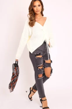 Rebellious Fashion Cream Knitted Ruched Tie Front Jumper - Soraya