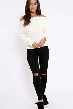 Rebellious Fashion Cream Knitted Ruffle Jumper with Elasticated hems - Eve