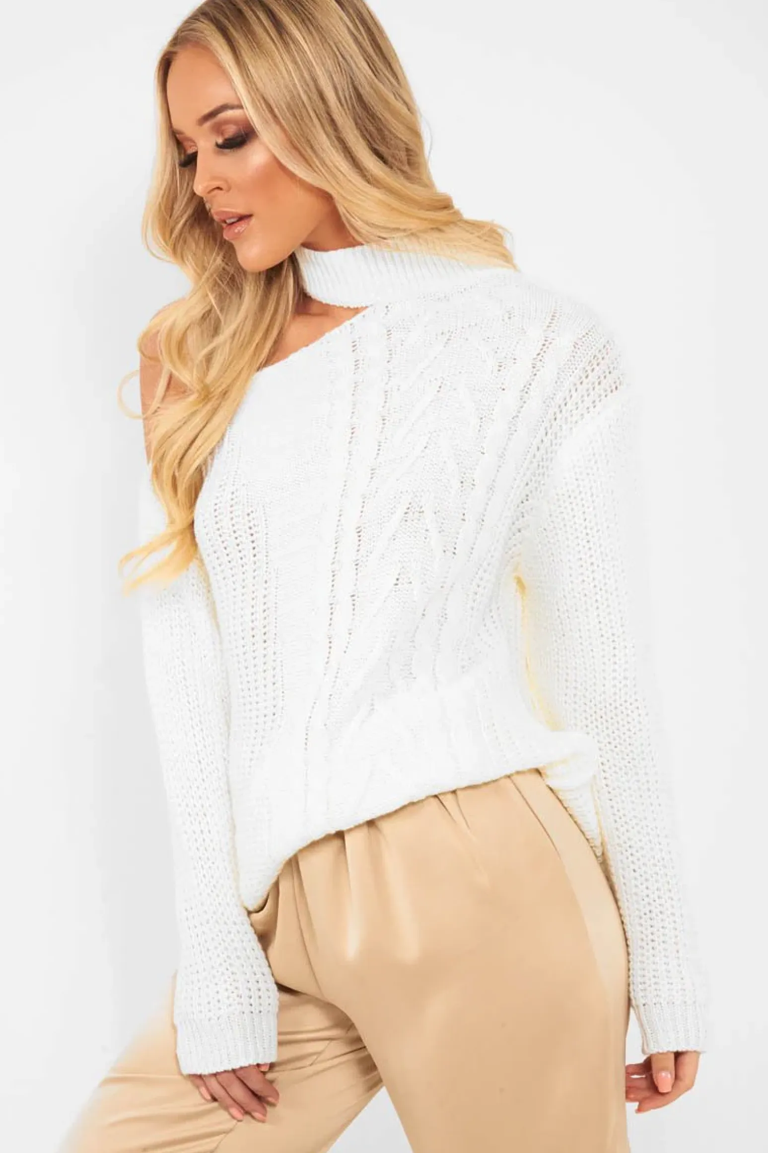 Rebellious Fashion Cream Knitted Slash Neck Off Shoulder Jumper - Hazel
