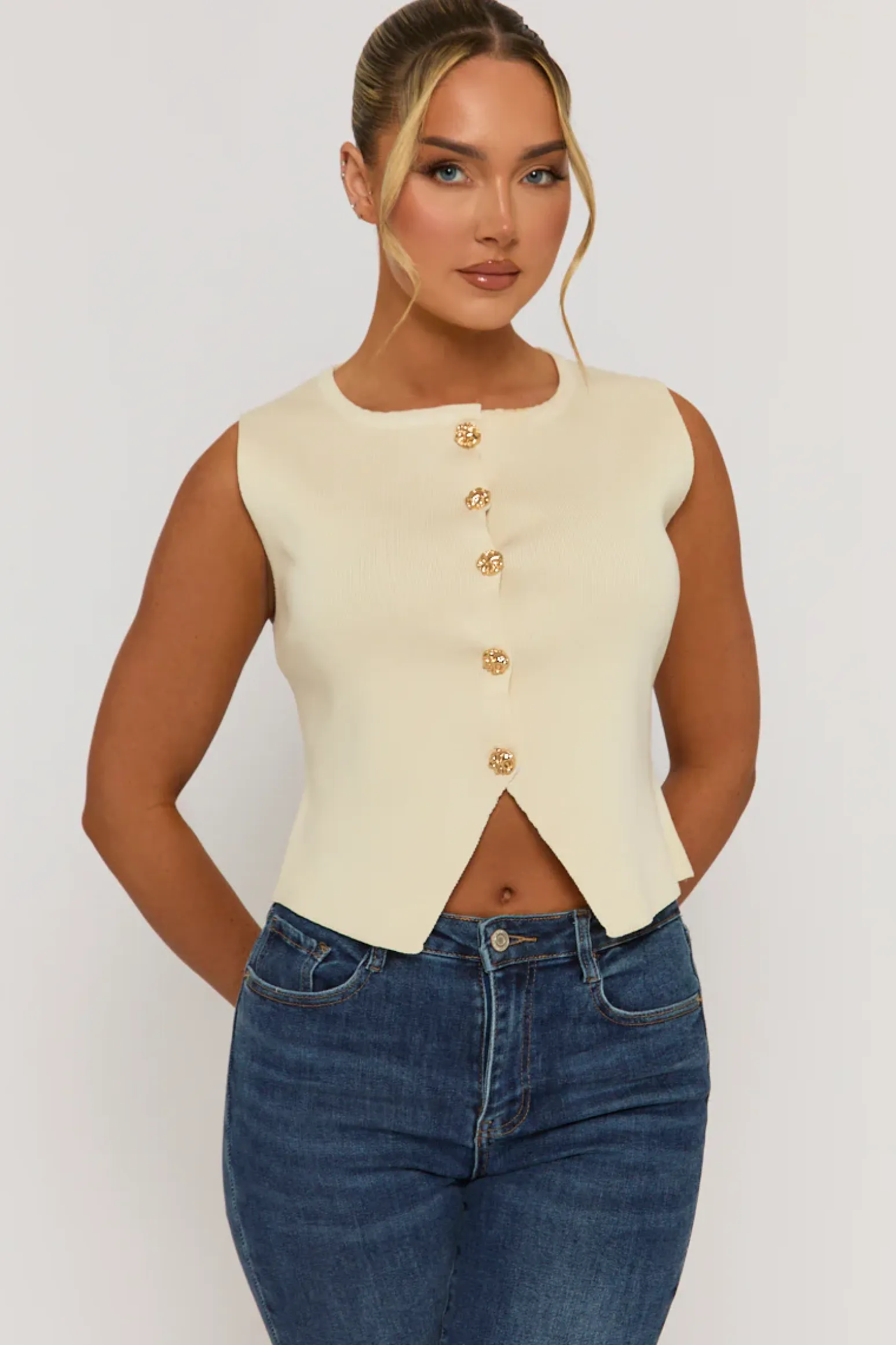 Rebellious Fashion Cream Knitted Square Neck Waistcoat - Karyn