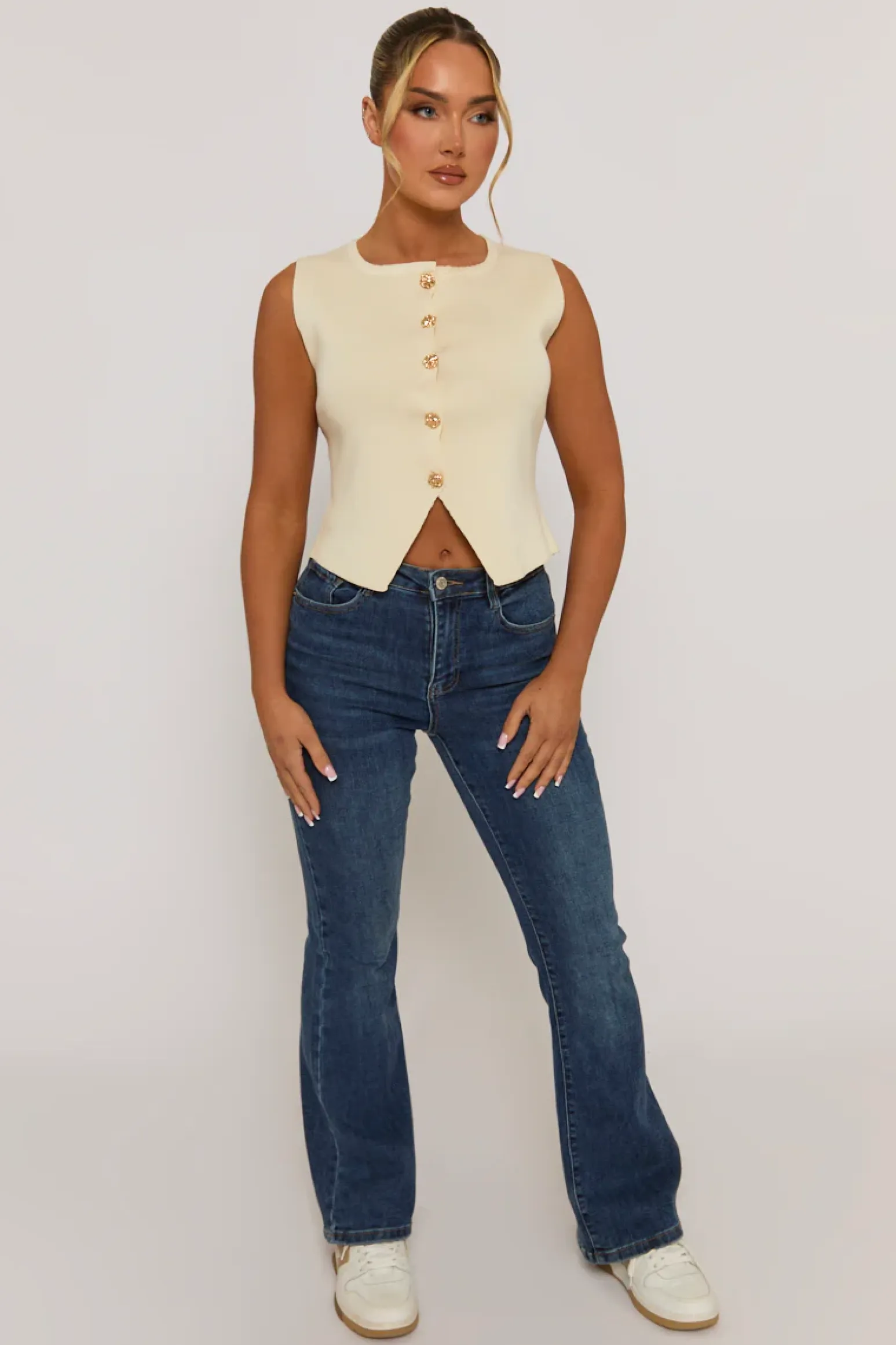 Rebellious Fashion Cream Knitted Square Neck Waistcoat - Karyn