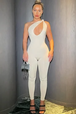 Rebellious Fashion Cream Knot Strap Slinky Jumpsuit - Imani